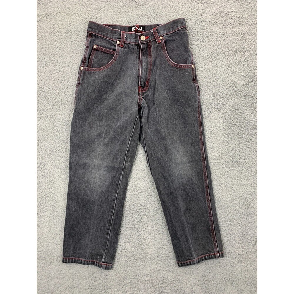 BXJ BOM-X JEANS M10 Boy's Black Red Denim Jeans Distressed Punk Emo 5-Pockets